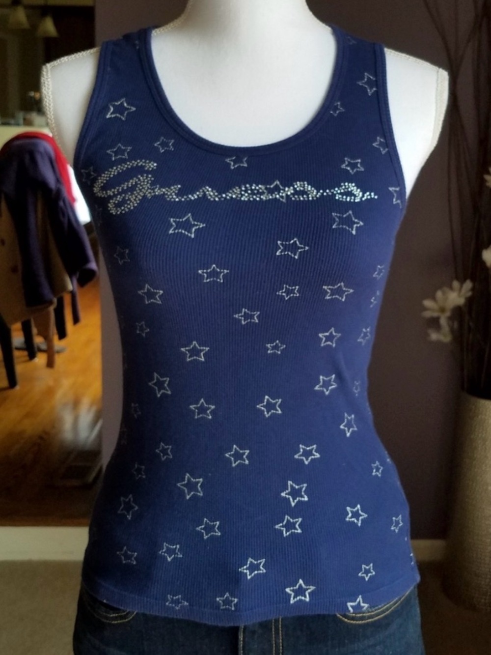 Guess Rhinestone Logo Tank Top Navy Blue - size Small